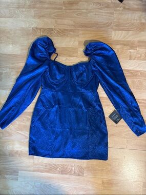 Lulus Burst Into Bloom Satin Floral Jaquard Mini Dress Royal Blue sz L